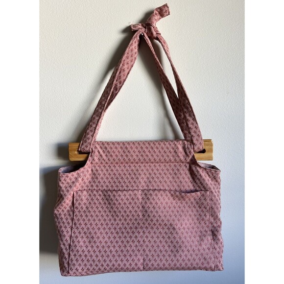 Handcrafted Top Handle Fabric & Wood Purse Handbag Pink Pockets VTG Look Maine - Picture 1 of 9
